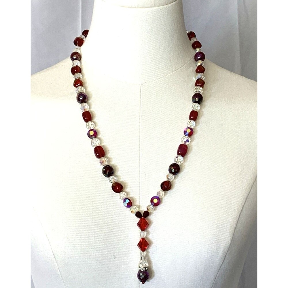Vintage Red Crystal Beaded Y Drop Necklace Aurora Borealis Mid Century 60s - Picture 2 of 9
